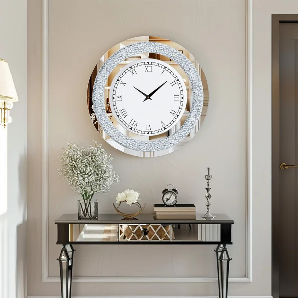 Kindalyn Round Mirrored Wall Clock with Crushed Diamond Inlay - Image 2