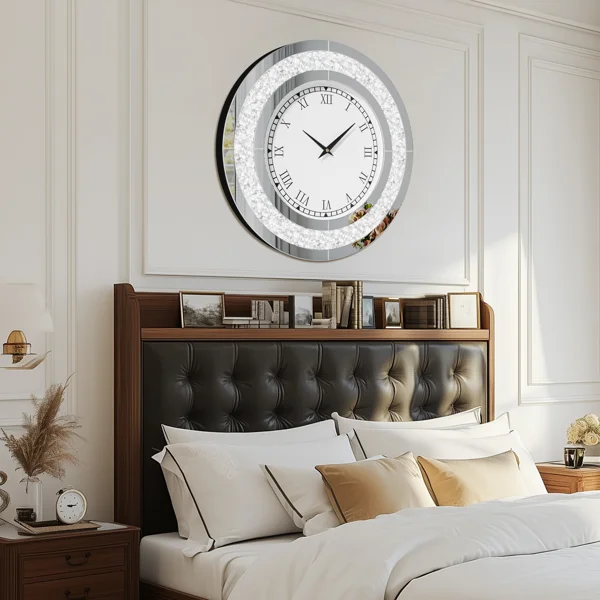 Kindalyn Round Mirrored Wall Clock with Crushed Diamond Inlay - Image 3